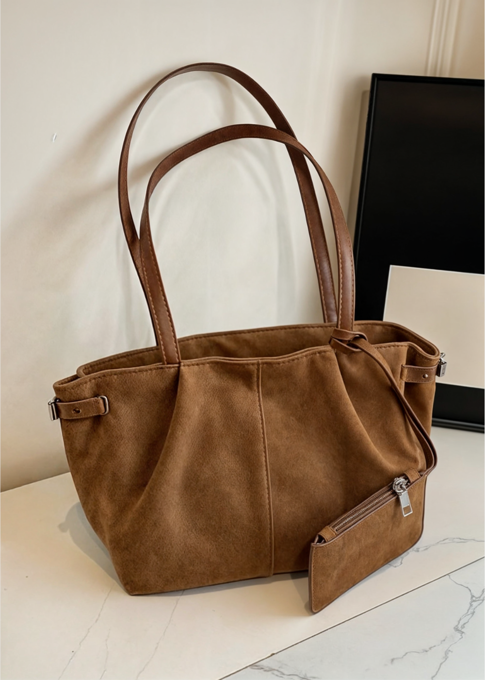 Luxe suède tote bag met bijpassend etui – ELIANE