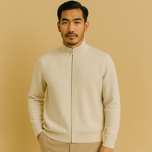 Rust in uitstraling, kracht in eenvoud: een full-zip vest met luxe kasjmier en moderne verfijning voor heren – NOVARA - Glamorix