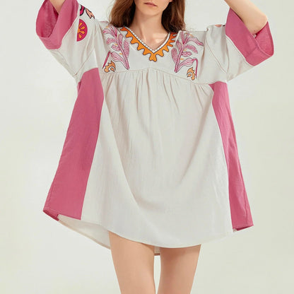 Dames tuniekjurk met V-hals en geborduurde details – ISLA BOHO - Glamorix