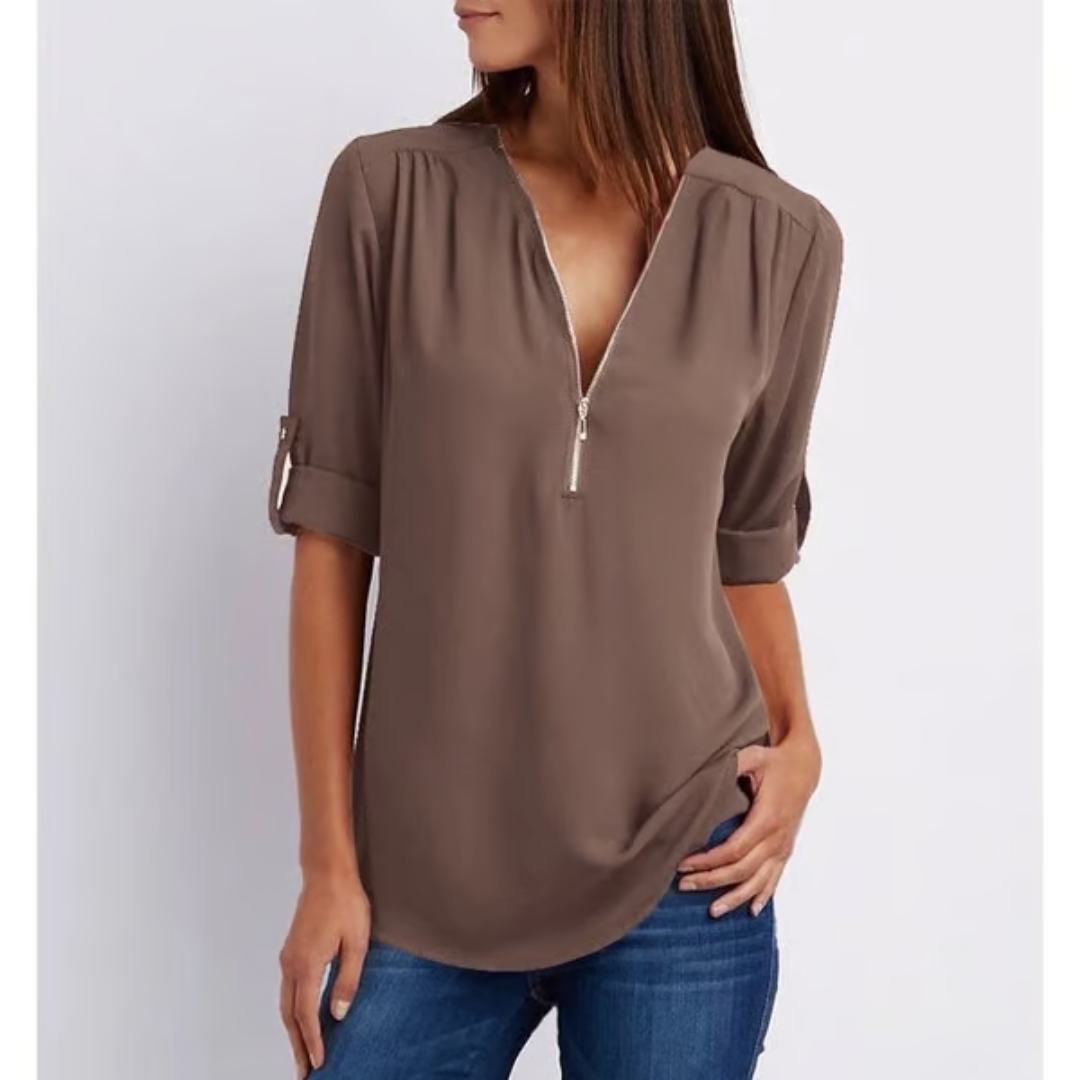 Losvallende blouse met 3/4 mouwen en ritssluiting – MAELYN CURVE - Glamorix