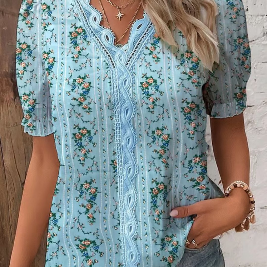 Elegante dames blouse met V-hals en kanten details – SERELLE LACE - Glamorix