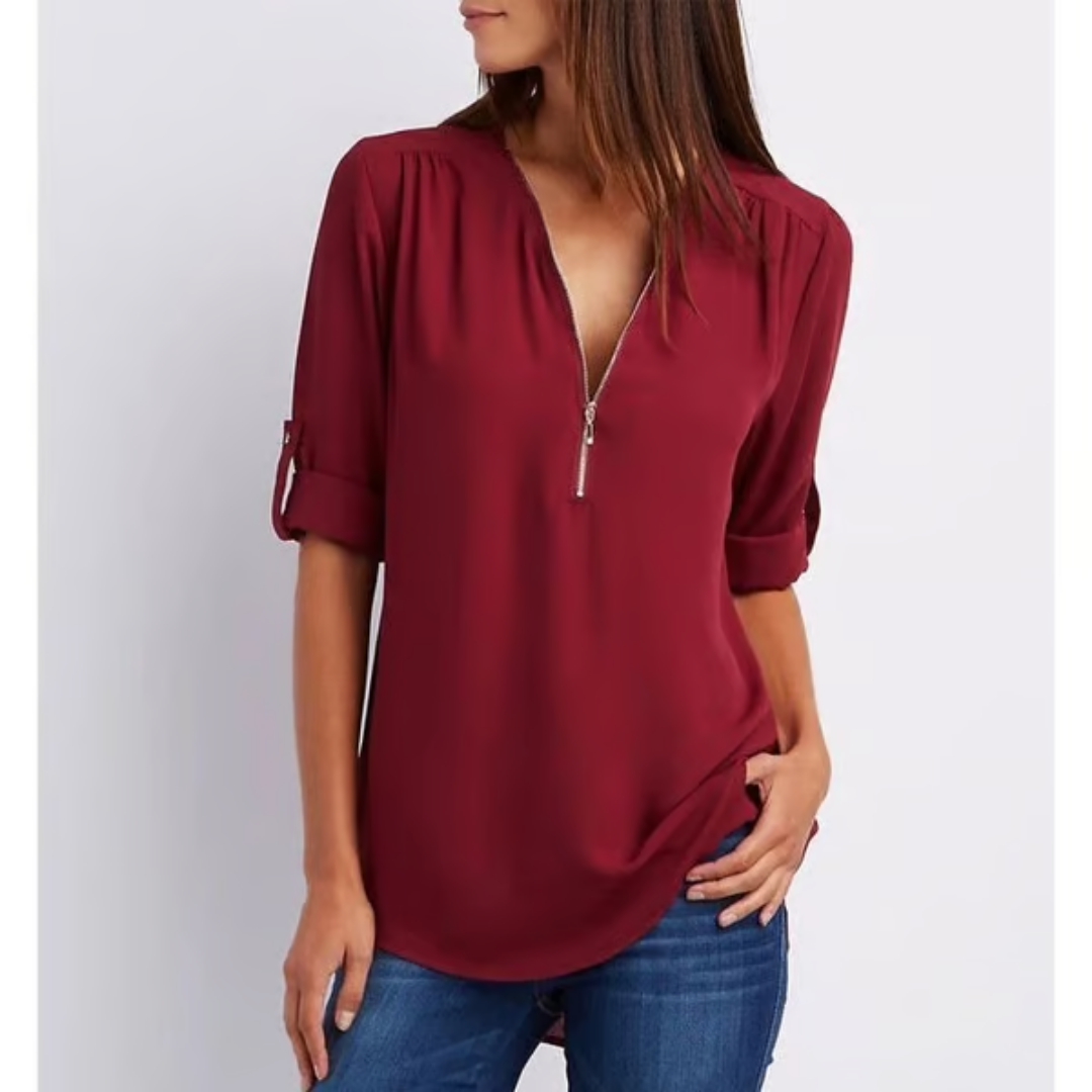 Losvallende blouse met 3/4 mouwen en ritssluiting – MAELYN CURVE - Glamorix