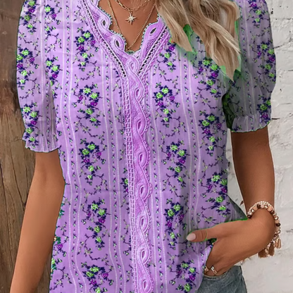 Elegante dames blouse met V-hals en kanten details – SERELLE LACE - Glamorix