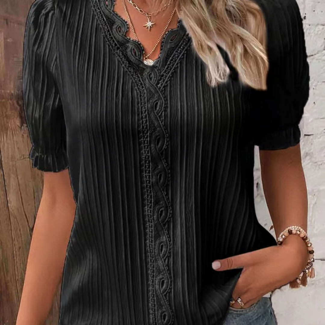 Elegante dames blouse met V-hals en kanten details – SERELLE LACE - Glamorix