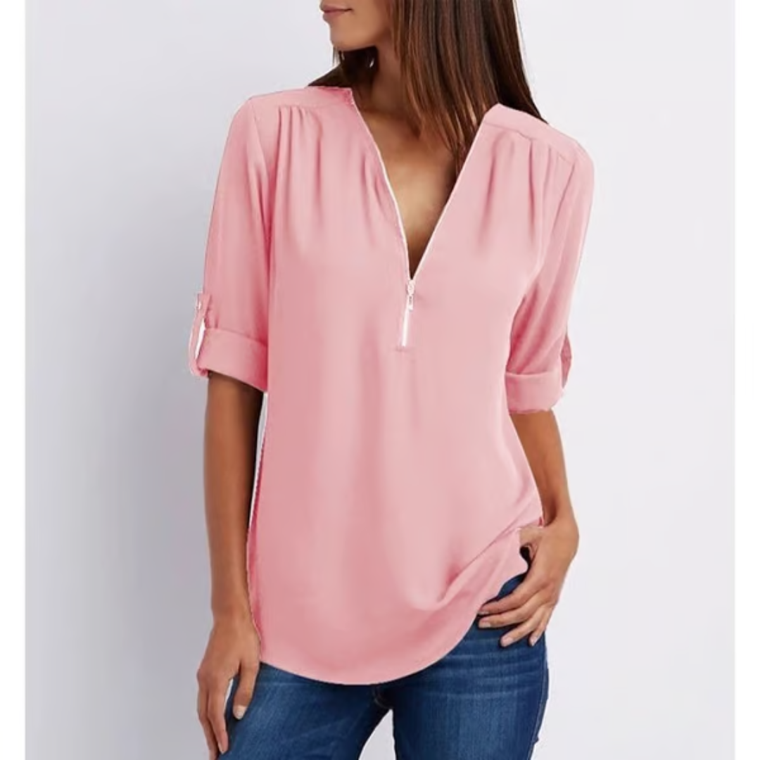 Losvallende blouse met 3/4 mouwen en ritssluiting – MAELYN CURVE - Glamorix