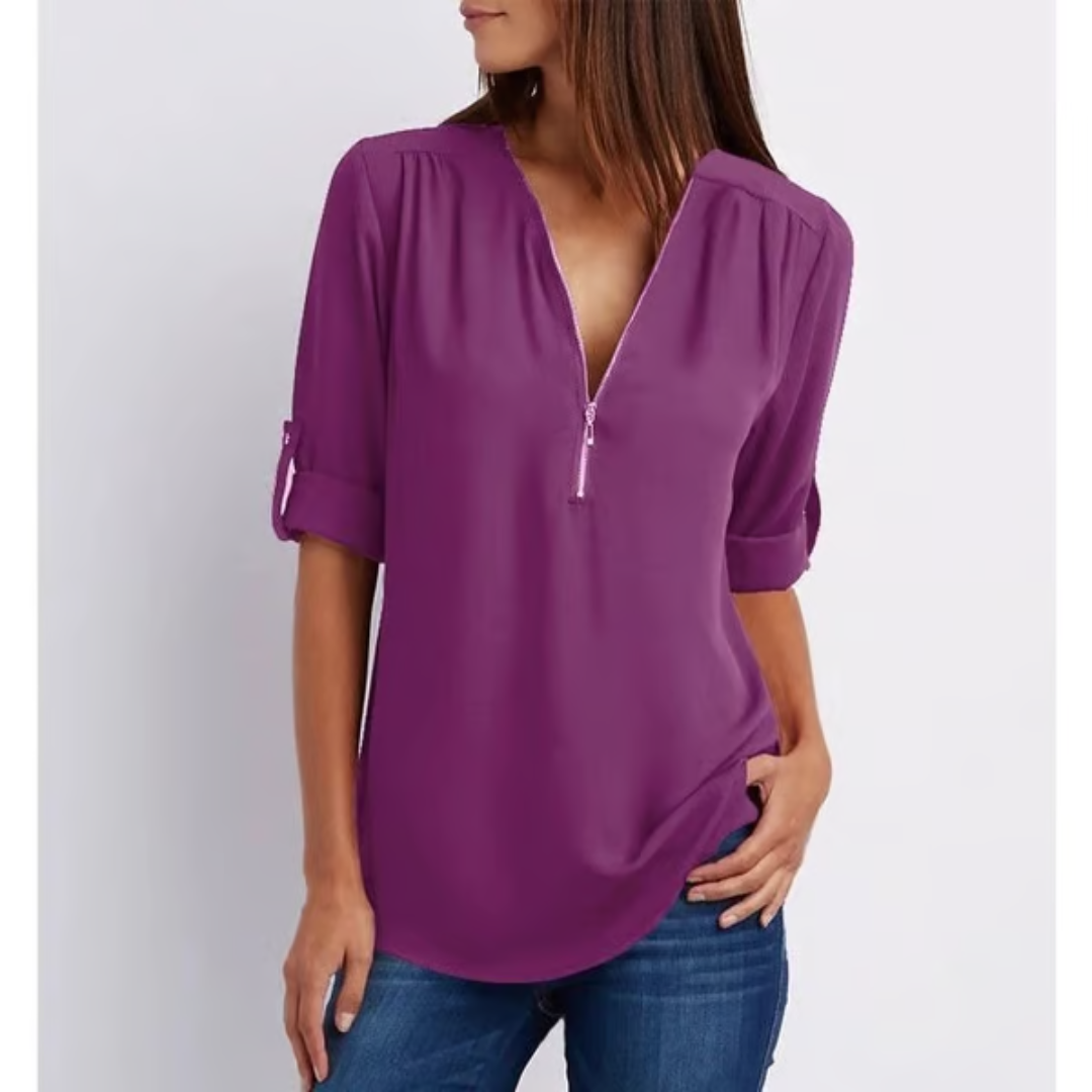 Losvallende blouse met 3/4 mouwen en ritssluiting – MAELYN CURVE - Glamorix