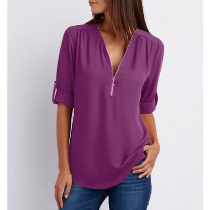 Losvallende blouse met 3/4 mouwen en ritssluiting – MAELYN CURVE - Glamorix