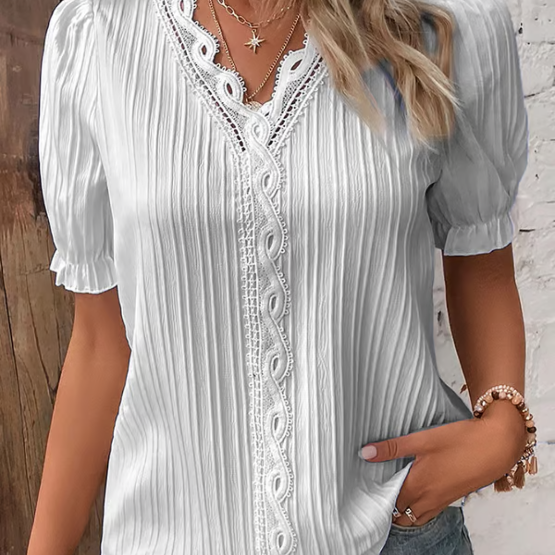Elegante dames blouse met V-hals en kanten details – SERELLE LACE - Glamorix
