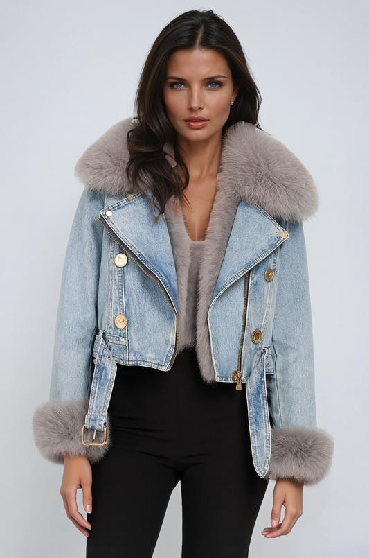 Iconisch denim met luxueuze bontkraag voor dames deze winterjas combineert stoer karakter met warm comfort – VESTARA - Glamorix
