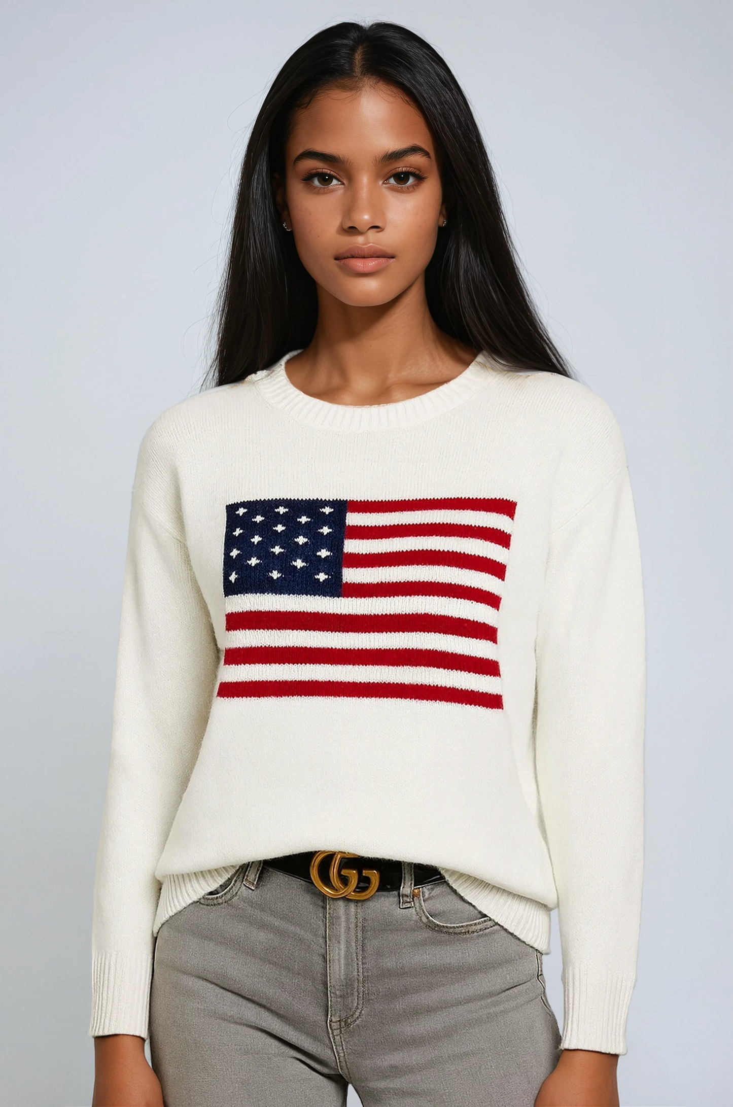 Ellis trui voor dames met gebreid ontwerp en opvallende amerikaanse vlag op de voorkant – VANGUARD - Glamorix