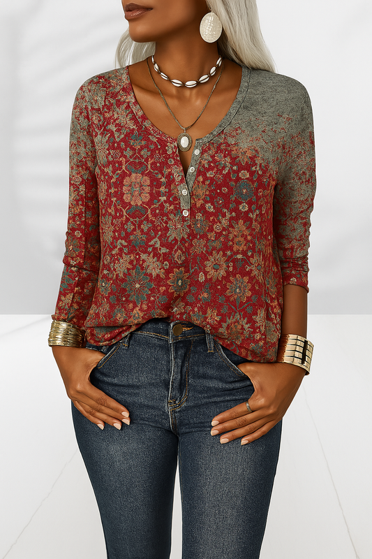 Patrizia - Dames top met oosterse print en knoopdetail - Glamorix
