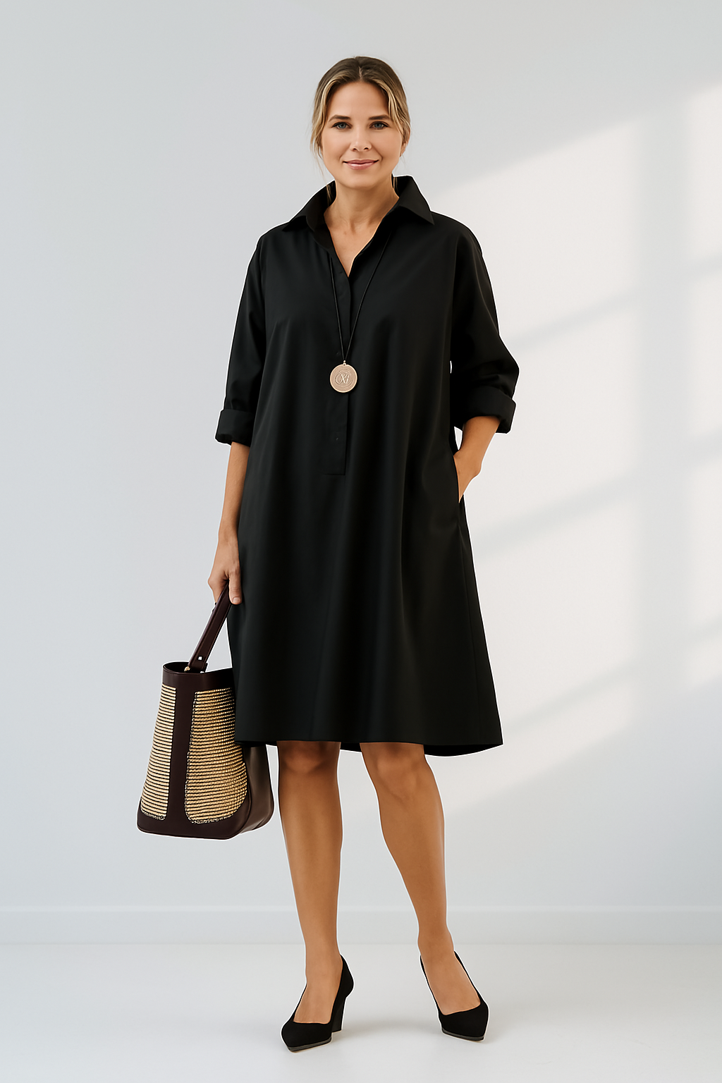Moderne oversized zwarte overhemdjurk voor moeiteloze stijl – NoiraFlow - Glamorix