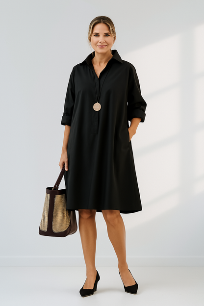 Moderne oversized zwarte overhemdjurk voor moeiteloze stijl – NoiraFlow - Glamorix