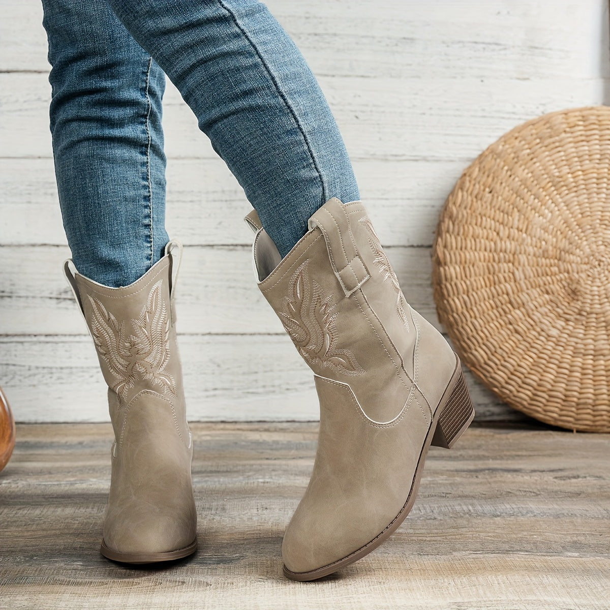 Cowboylaarzen met puntige neus en brede blokhak voor dagelijks gebruik, instap zonder rits of veters voor dames – QUOR - Glamorix