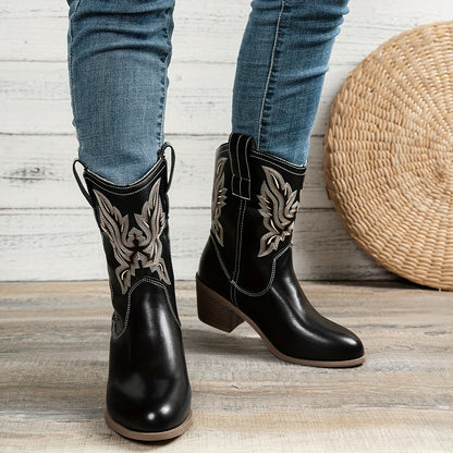 Cowboylaarzen met puntige neus en brede blokhak voor dagelijks gebruik, instap zonder rits of veters voor dames – QUOR - Glamorix