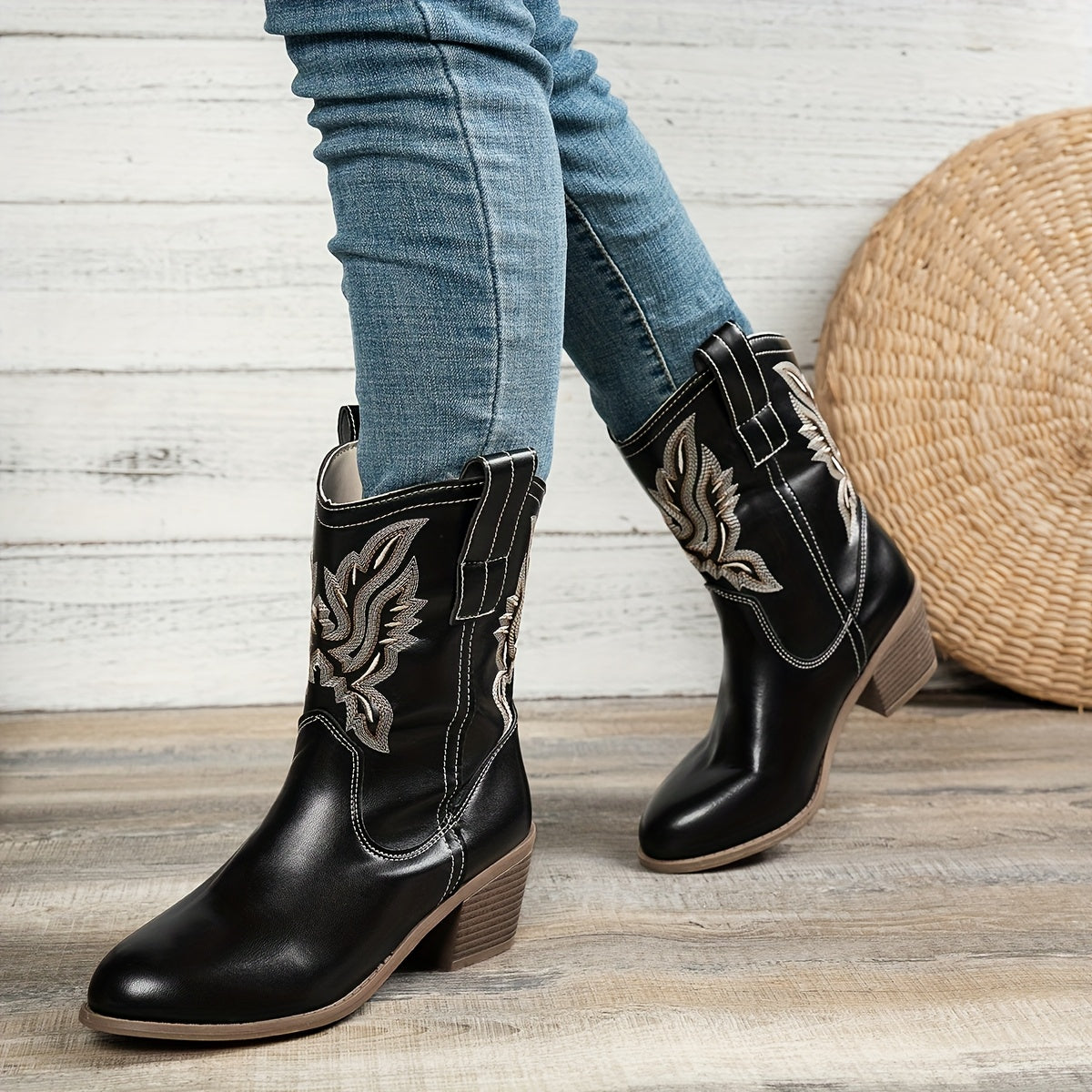 Cowboylaarzen met puntige neus en brede blokhak voor dagelijks gebruik, instap zonder rits of veters voor dames – QUOR - Glamorix