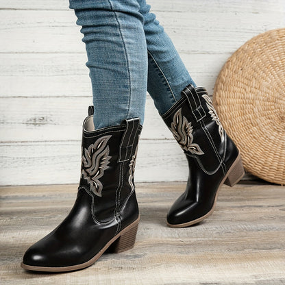 Cowboylaarzen met puntige neus en brede blokhak voor dagelijks gebruik, instap zonder rits of veters voor dames – QUOR - Glamorix