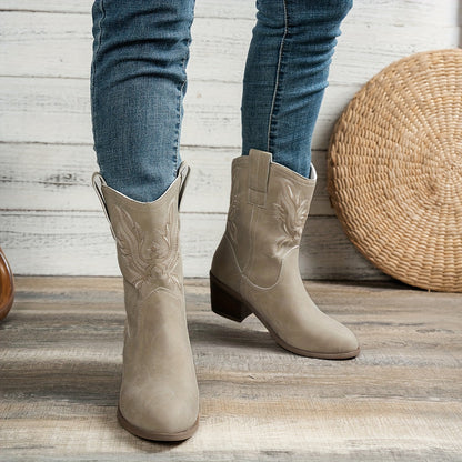 Cowboylaarzen met puntige neus en brede blokhak voor dagelijks gebruik, instap zonder rits of veters voor dames – QUOR - Glamorix