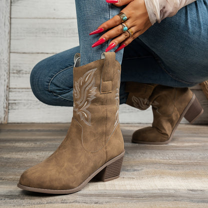 Cowboylaarzen met puntige neus en brede blokhak voor dagelijks gebruik, instap zonder rits of veters voor dames – QUOR - Glamorix