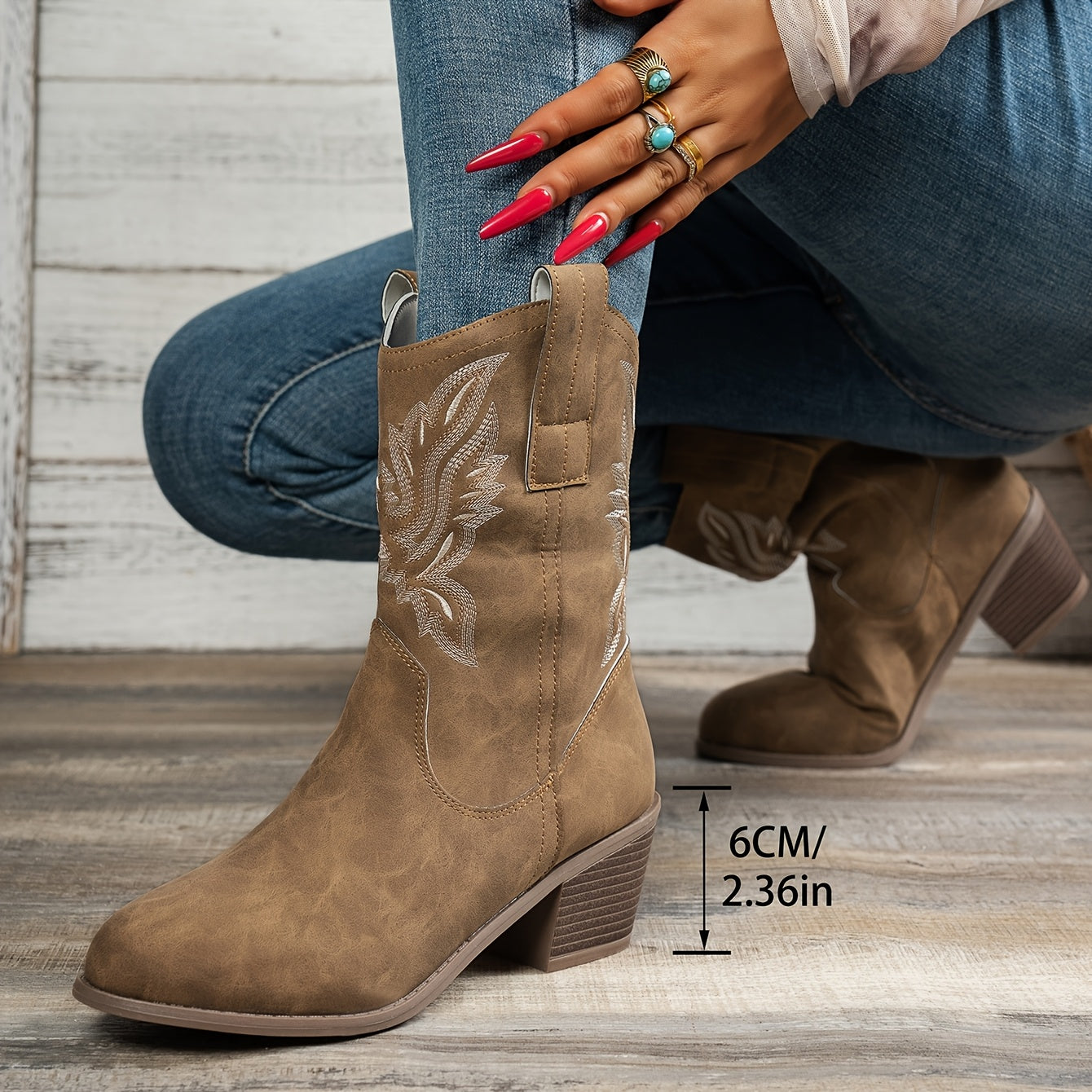 Cowboylaarzen met puntige neus en brede blokhak voor dagelijks gebruik, instap zonder rits of veters voor dames – QUOR - Glamorix