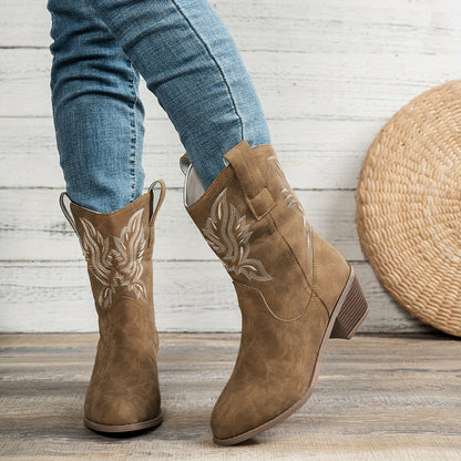Cowboylaarzen met puntige neus en brede blokhak voor dagelijks gebruik, instap zonder rits of veters voor dames – QUOR - Glamorix