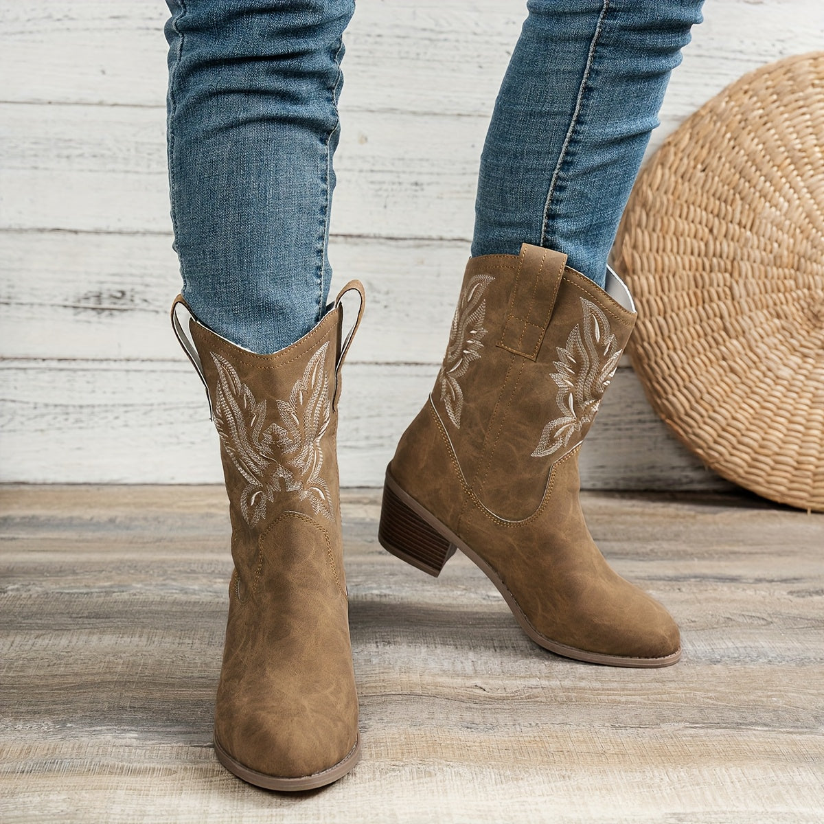 Cowboylaarzen met puntige neus en brede blokhak voor dagelijks gebruik, instap zonder rits of veters voor dames – QUOR - Glamorix