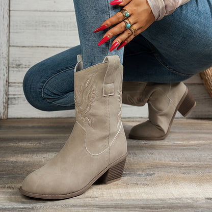 Cowboylaarzen met puntige neus en brede blokhak voor dagelijks gebruik, instap zonder rits of veters voor dames – QUOR - Glamorix