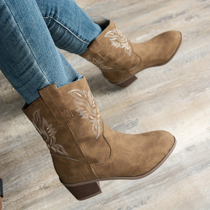 Cowboylaarzen met puntige neus en brede blokhak voor dagelijks gebruik, instap zonder rits of veters voor dames – QUOR - Glamorix