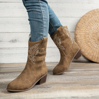Cowboylaarzen met puntige neus en brede blokhak voor dagelijks gebruik, instap zonder rits of veters voor dames – QUOR - Glamorix