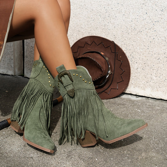 Slip-on cowboylaarzen met puntige neus en blokhak, ideaal voor dagelijks gebruik met ritssieraden en franjes – NOVAFOXO - Glamorix