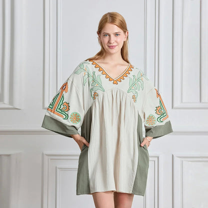 Dames tuniekjurk met V-hals en geborduurde details – ISLA BOHO - Glamorix