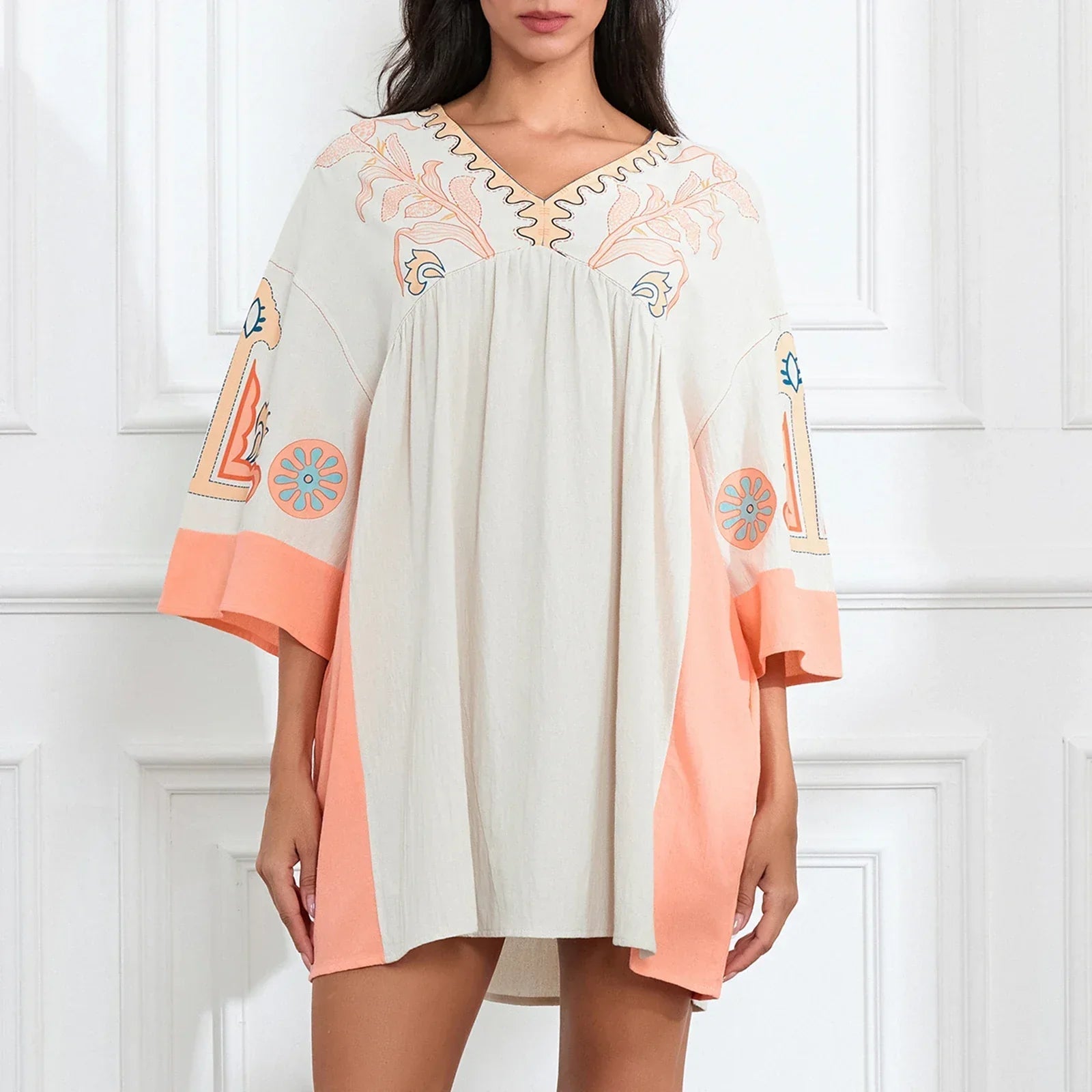 Dames tuniekjurk met V-hals en geborduurde details – ISLA BOHO - Glamorix