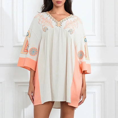 Dames tuniekjurk met V-hals en geborduurde details – ISLA BOHO - Glamorix