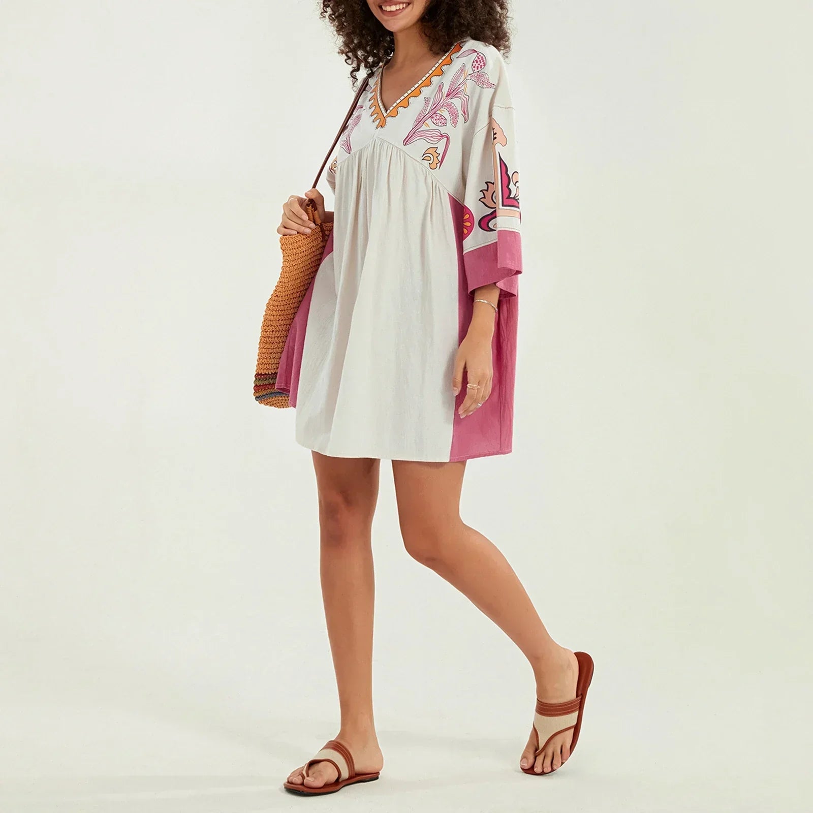 Dames tuniekjurk met V-hals en geborduurde details – ISLA BOHO - Glamorix