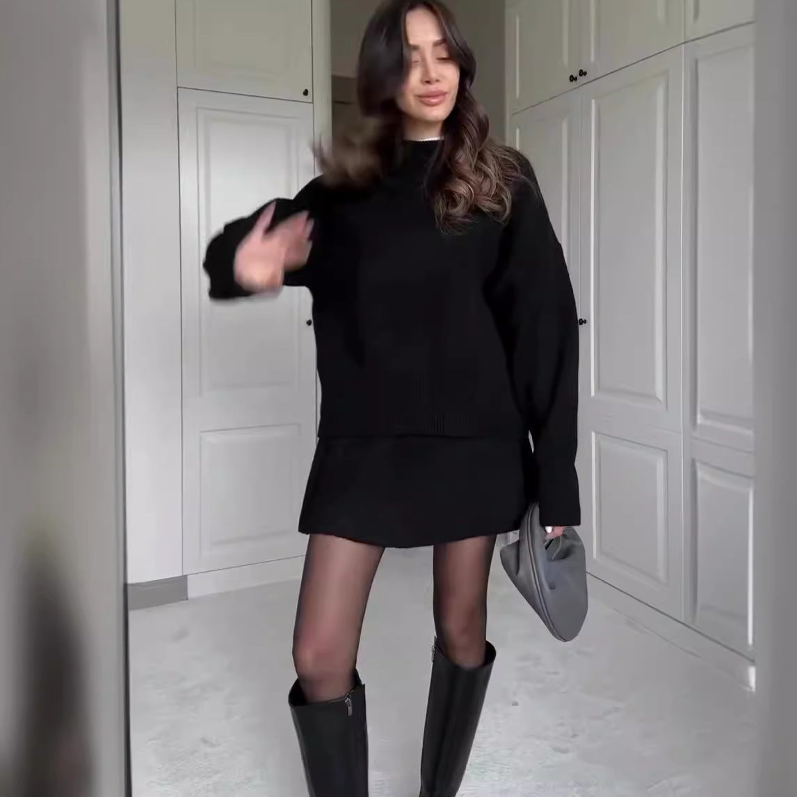 Gebreide Set – Pullover Met Lange Mouwen En Hoge Taille - Glamorix