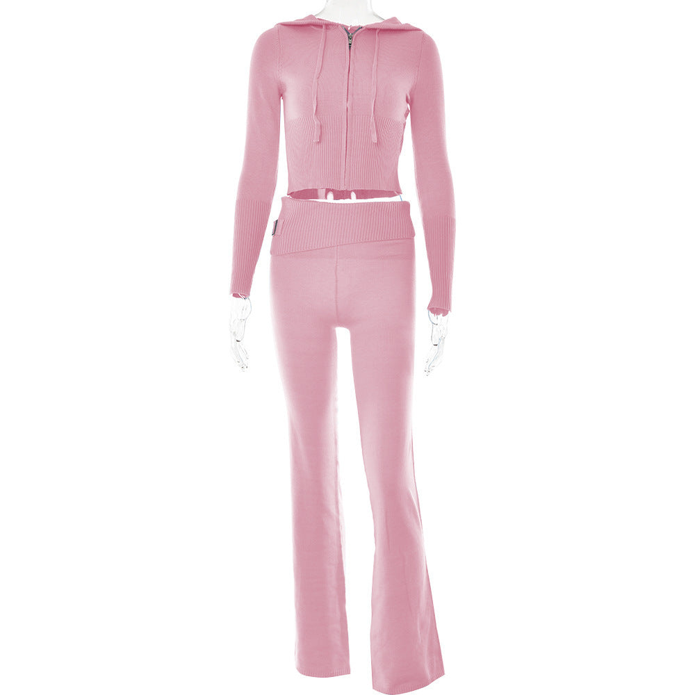 Gebreide Set – Ritsvest Met Capuchon En Hoge Taille Broek - Glamorix