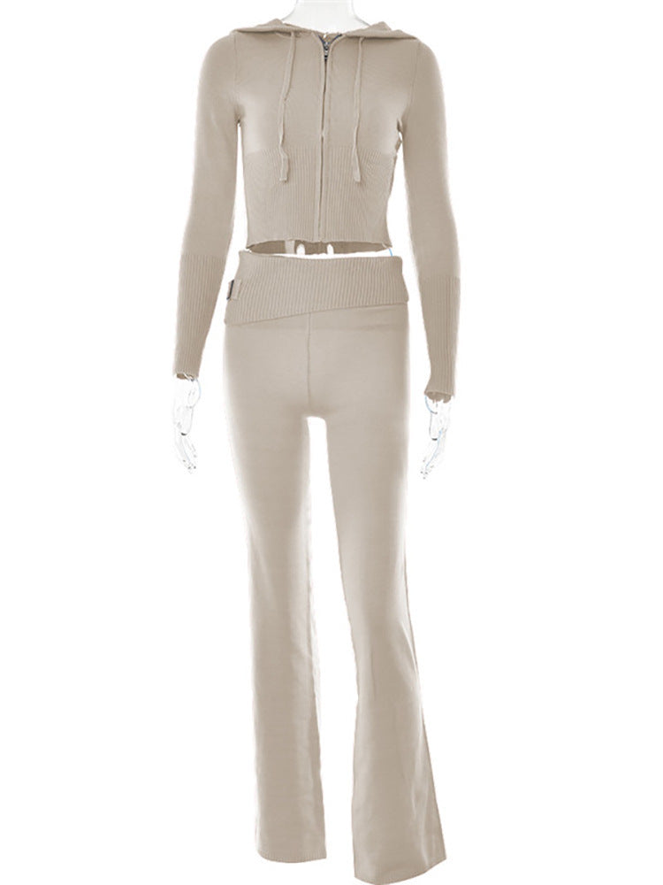 Gebreide Set – Ritsvest Met Capuchon En Hoge Taille Broek - Glamorix
