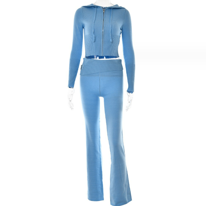 Gebreide Set – Ritsvest Met Capuchon En Hoge Taille Broek - Glamorix
