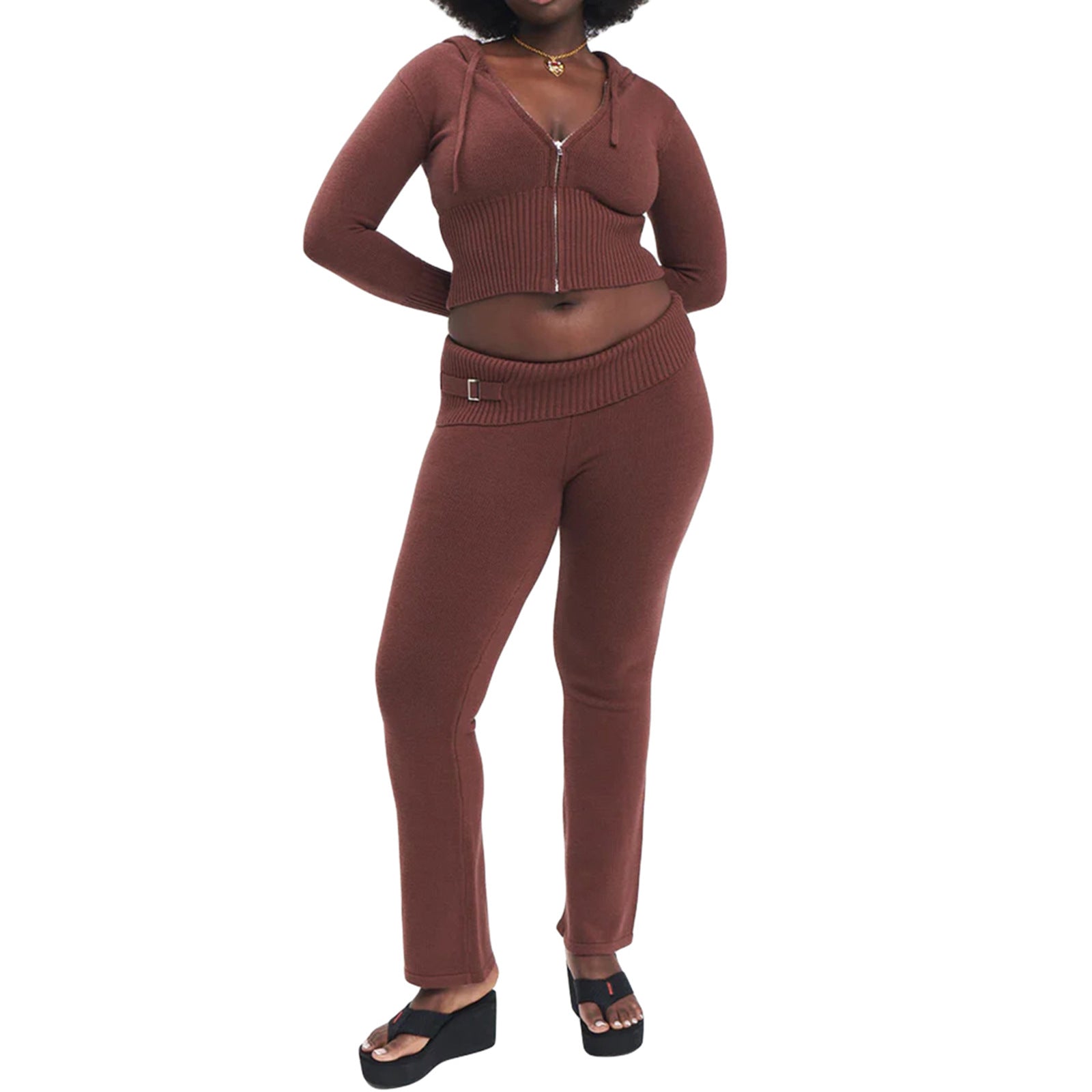 Gebreide Set – Ritsvest Met Capuchon En Hoge Taille Broek - Glamorix