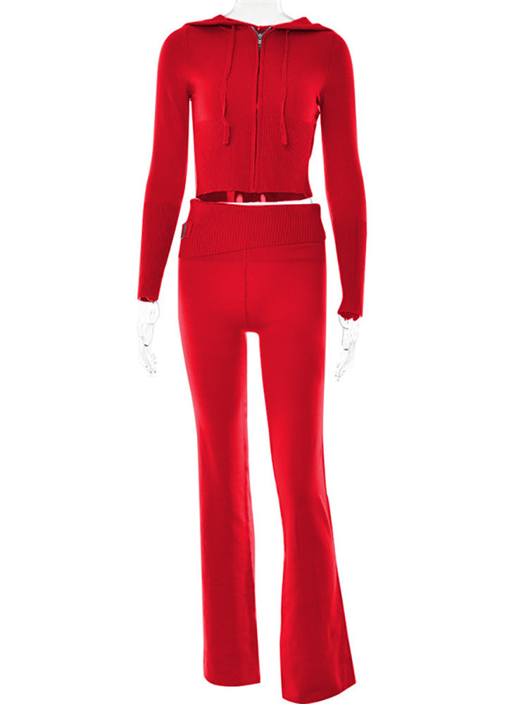 Gebreide Set – Ritsvest Met Capuchon En Hoge Taille Broek - Glamorix