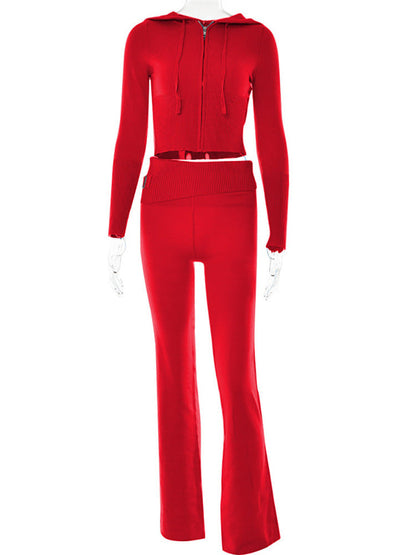 Gebreide Set – Ritsvest Met Capuchon En Hoge Taille Broek - Glamorix