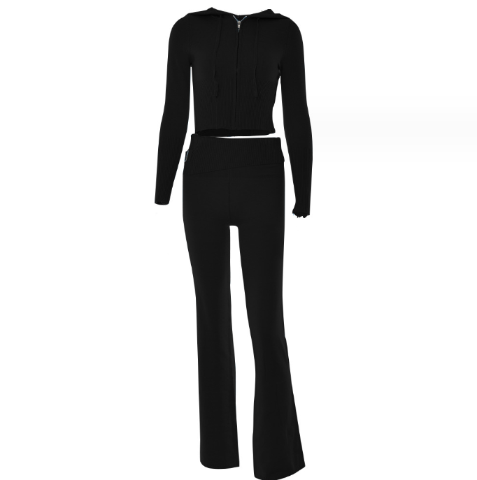 Gebreide Set – Ritsvest Met Capuchon En Hoge Taille Broek - Glamorix