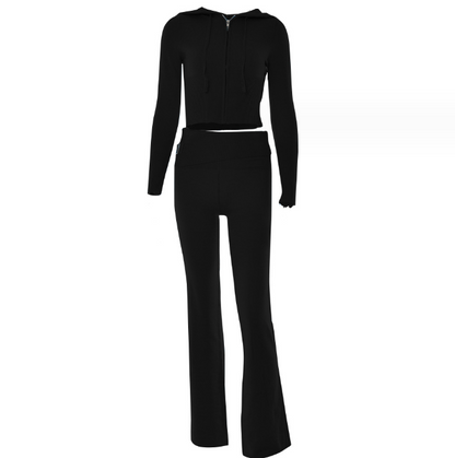 Gebreide Set – Ritsvest Met Capuchon En Hoge Taille Broek - Glamorix