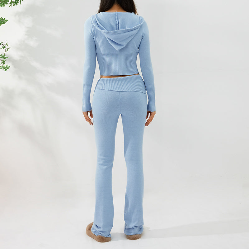 Gebreide Set – Ritsvest Met Capuchon En Hoge Taille Broek - Glamorix