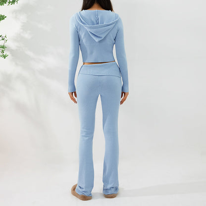 Gebreide Set – Ritsvest Met Capuchon En Hoge Taille Broek - Glamorix