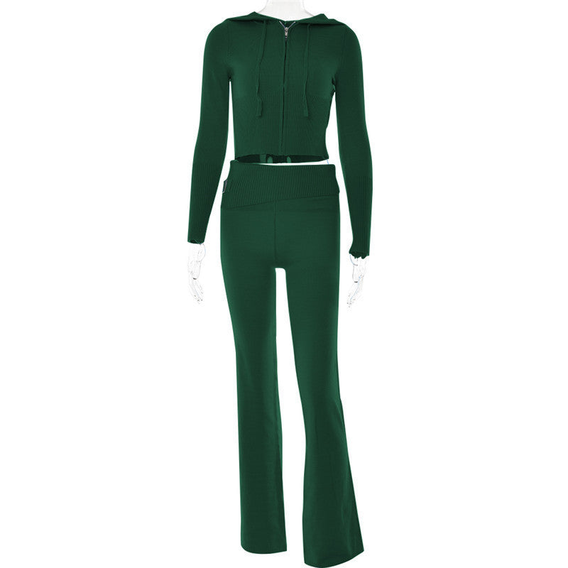 Gebreide Set – Ritsvest Met Capuchon En Hoge Taille Broek - Glamorix
