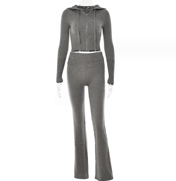 Gebreide Set – Ritsvest Met Capuchon En Hoge Taille Broek - Glamorix
