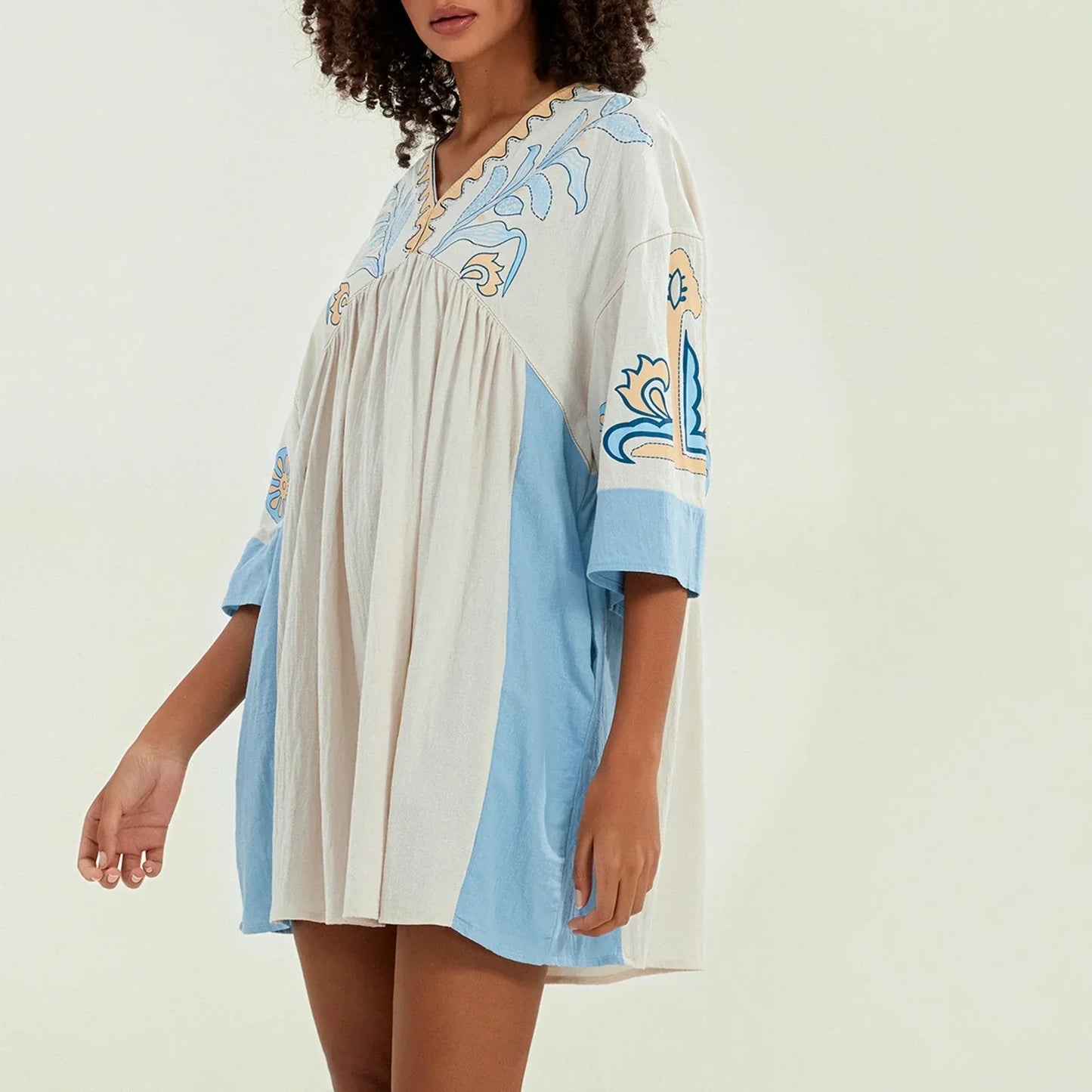Dames tuniekjurk met V-hals en geborduurde details – ISLA BOHO - Glamorix