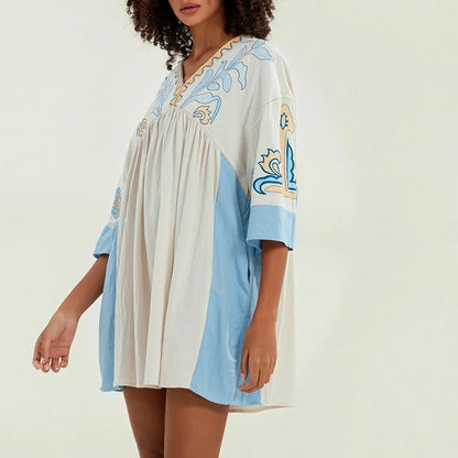 Dames tuniekjurk met V-hals en geborduurde details – ISLA BOHO - Glamorix