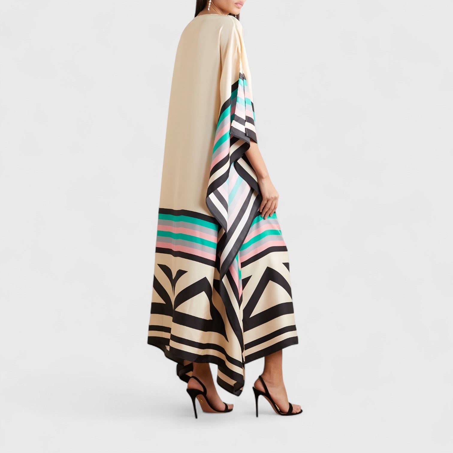 Vloeiende damesjurk met kaftan-snit en asymmetrische zoom – AYLA DRIFT - Glamorix